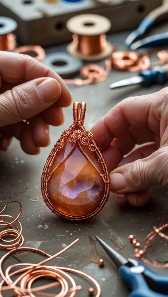 Copper seaglass wire wrapping jewelry pendant 