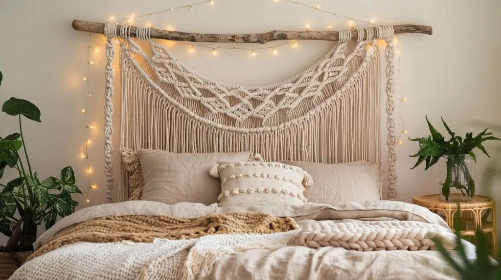 a cozy bohemian bedroom featuring a handmade macramé headboard hanging above a bed. The headboard is crafted from cream-colored cotton rope, with intricate knot patterns and wooden beads woven into the design. The bed is dressed in soft linen bedding in neutral tones, accompanied by textured throw pillows and a chunky knit blanket. Soft fairy lights drape around the headboard, adding warmth to the ambiance. Lush green plants, a rattan side table, and a woven rug complete the earthy, boho-inspired space