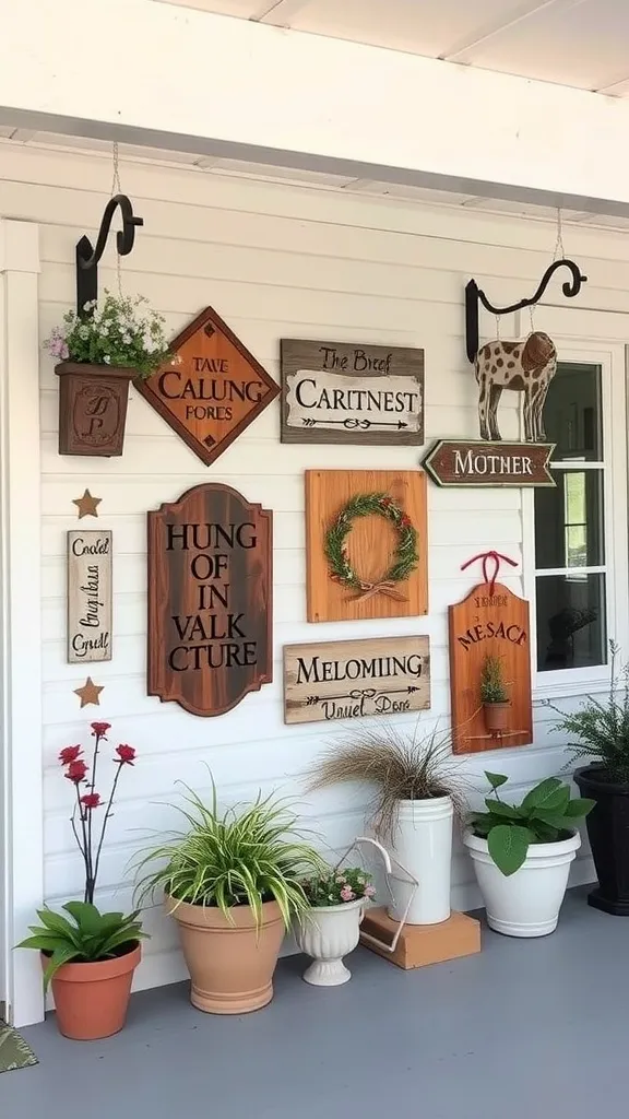 A collection of artistic wooden signs and wall hangings displayed on a porch wall.