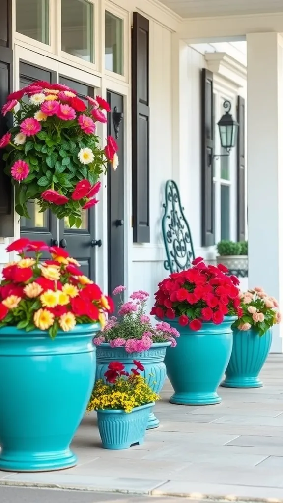 Colorful planters filled with flowers on a porch