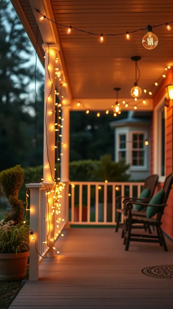 A porch decorated with cheerful string lights during nighttime.