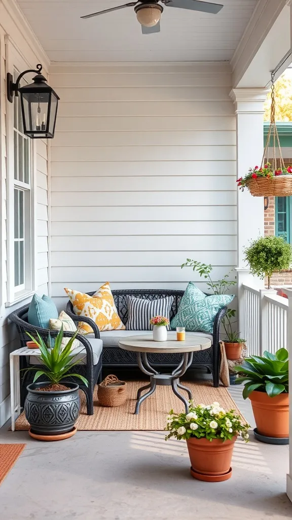 Cozy outdoor seating arrangement with a loveseat, cushions, table, and potted plants.