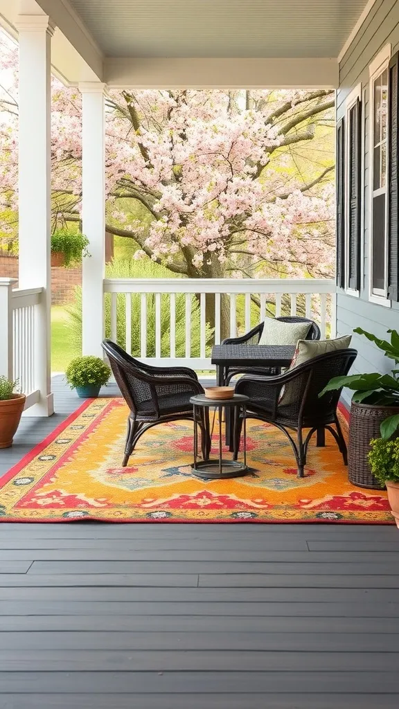 A cozy porch with a colorful outdoor rug, chairs, and flowering trees in the background.