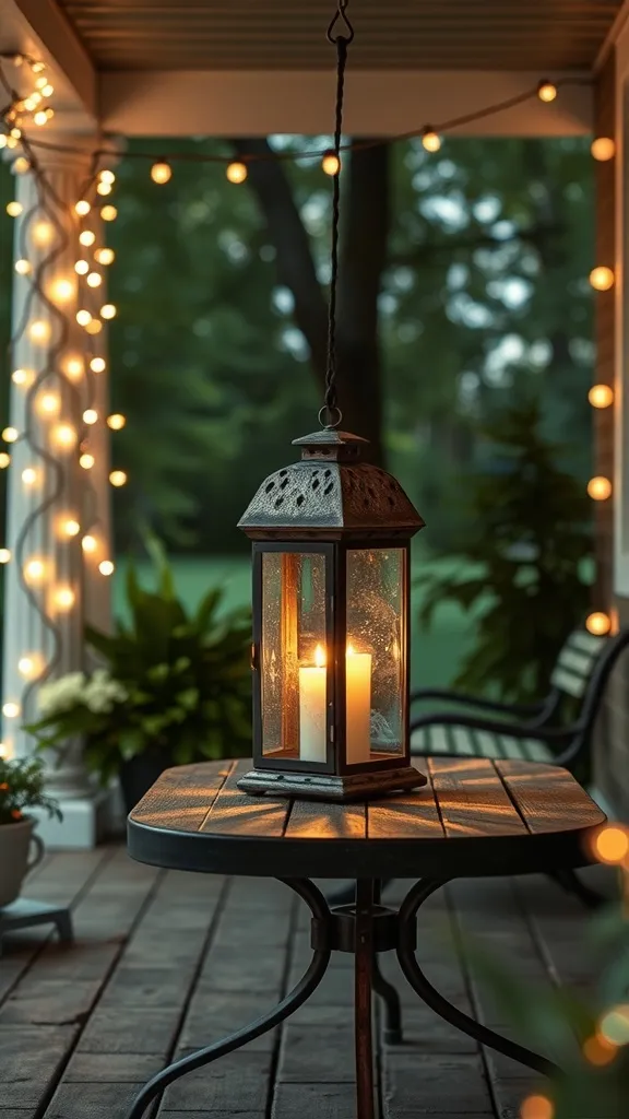 A rustic lantern with a candle, surrounded by string lights on a porch.