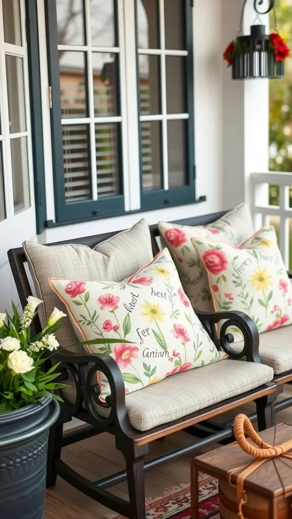 Colorful throw pillows with floral designs on a porch seating area