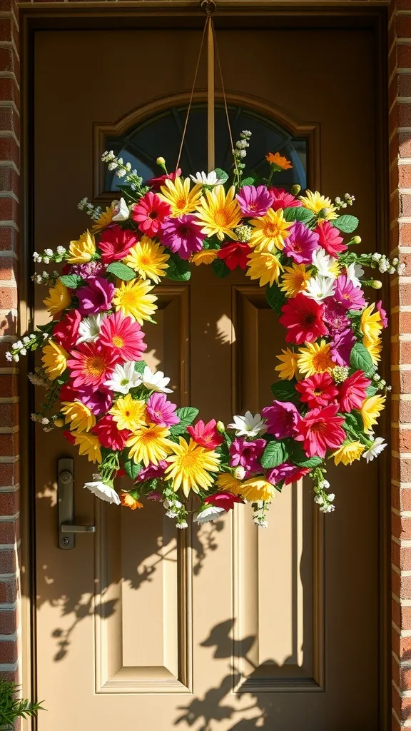 A colorful floral wreath made of yellow, pink, and white flowers hanging on a door.