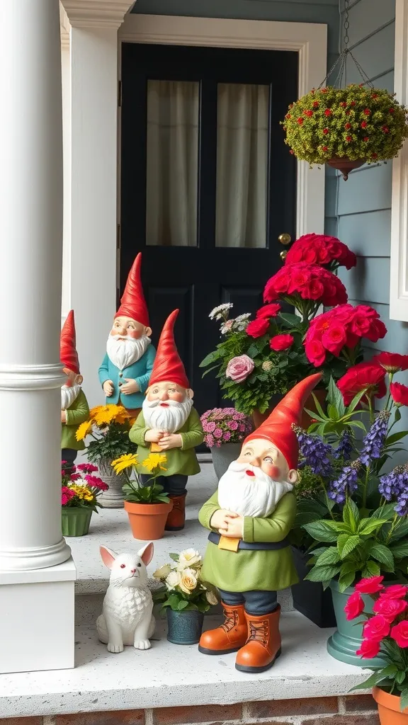 Decorative garden gnomes and a white rabbit statue among colorful flowers on a porch.