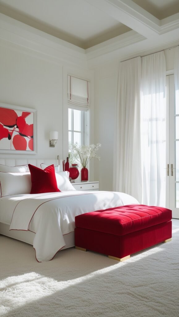 cheery red and white bedroom 