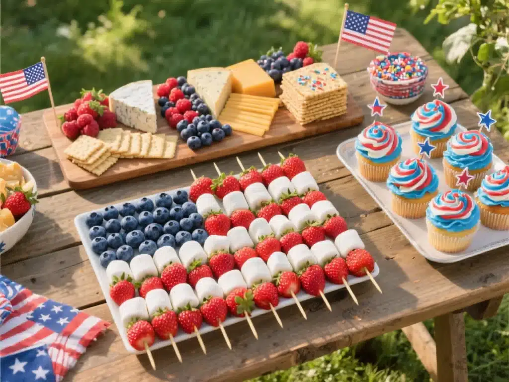 4th of July food on a picnic table 